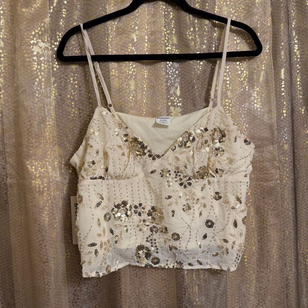 No Boundaries Ivory Gold Floral Beaded Sequin Crop Cami Top XL Juniors NWT